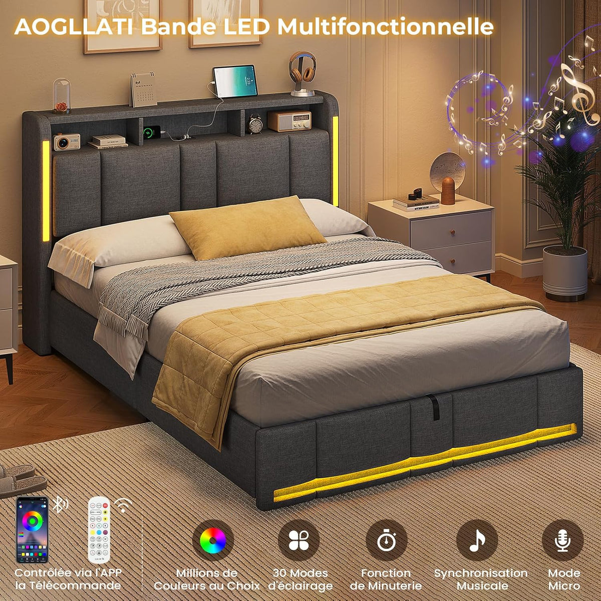 AOGLLATI Lit Coffre 140x190 CM, Lit Double avec LED et Ports USB, Cadre de lit avec Tête de Lit capitonné et Rangement, Lattes en Bois, Lin Gris Foncé sans Matelas