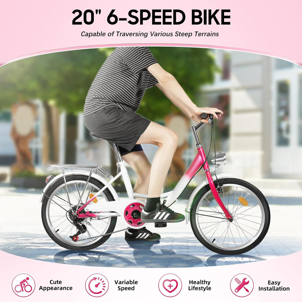 XUEMANSHOP Vélo pour enfant, 20 pouces, dérailleur à 6 vitesses, vélo pour femme avec phare, capacité de charge maximale 90 kg, pour 6, 7, 8, 9, 10 ans