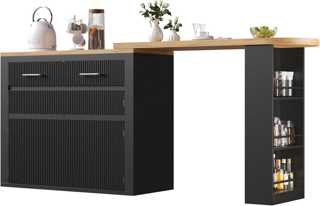 KOMHTOM Table de Bar Extensible avec Espace de Rangement, Meuble Bar avec 2 Portes en Verre, Rotation Libre à 360 °, étagères latérales (Noir-3)