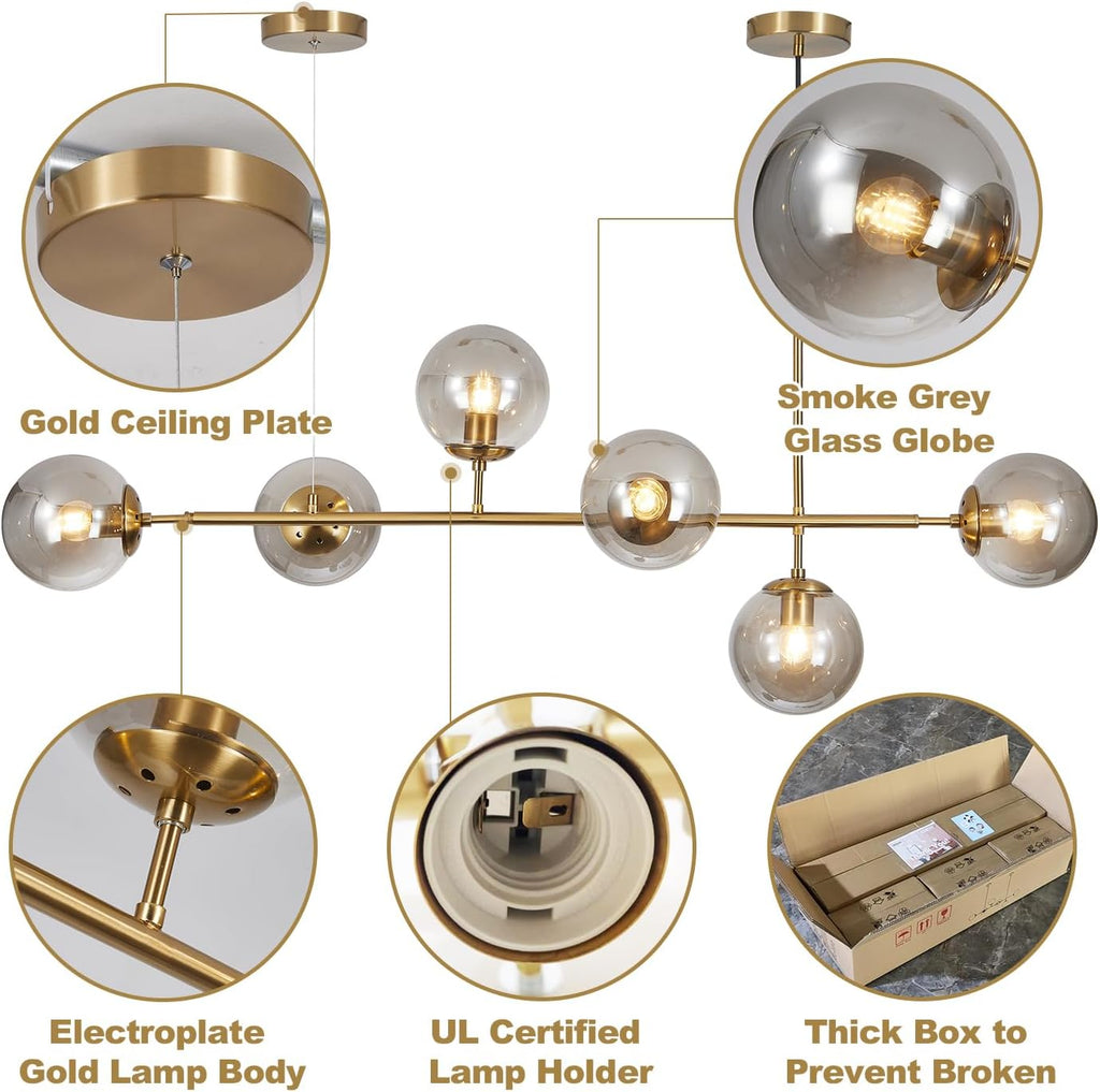 KCO Lighting Lustre doré moderne linéaire à 6 lumières pour îlot de cuisine, hauteur réglable en forme de globe en verre gris fumé