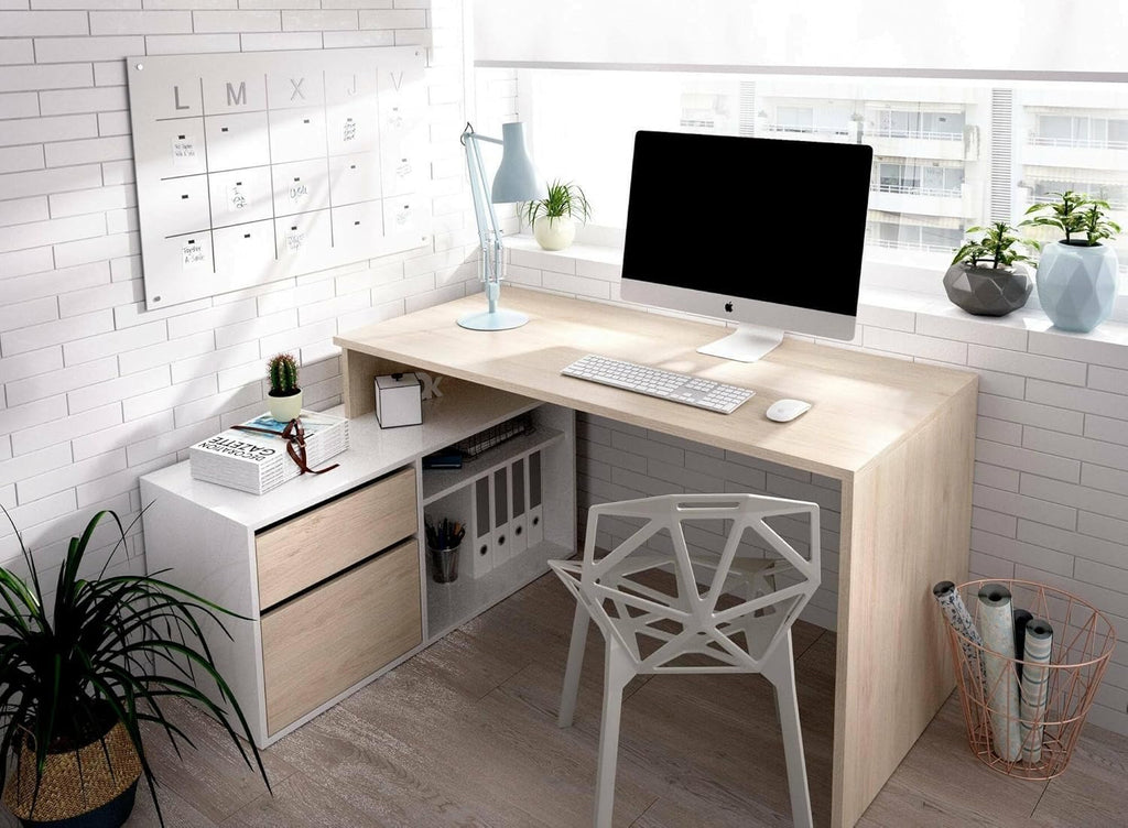 Dmora Scrivania Gardena, Positions pour Bureau ou Chambre d'enfant, Table d'étude d'angle Multi-usages, 139 x 92 x 75 cm, Bois, Chêne Blanc