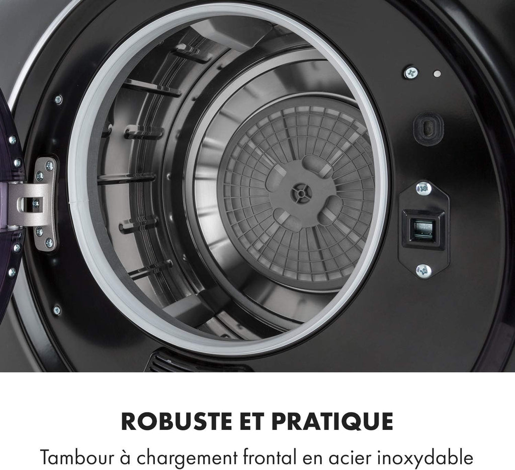KLARSTEIN Jet Set 2500 - sèche-linge, par extraction, chargeur frontal, 850 W, pose libre/encastré, 2,5 kg, élément chauffant PTC, réglable jusqu'à 60 °C, minuterie 20 à 200 mn, compact, noir