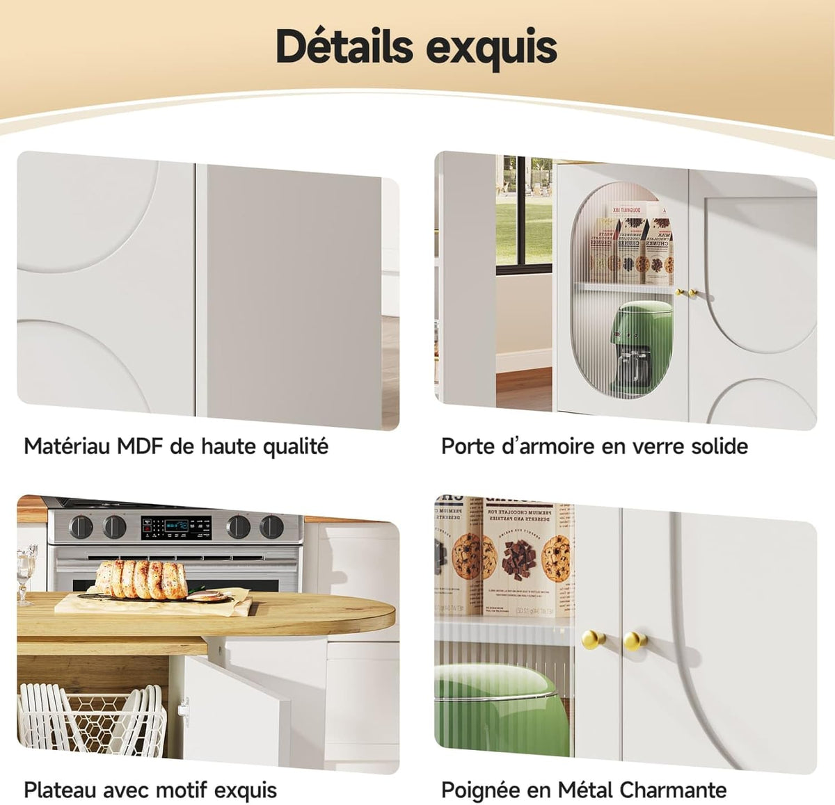 KOMHTOM Table à Manger Pivotante à 360°avec Armoire de Rangement, Meuble de Bar, Bar Cuisine avec 3 Portes et étagères réglables en Hauteur (Blanc)