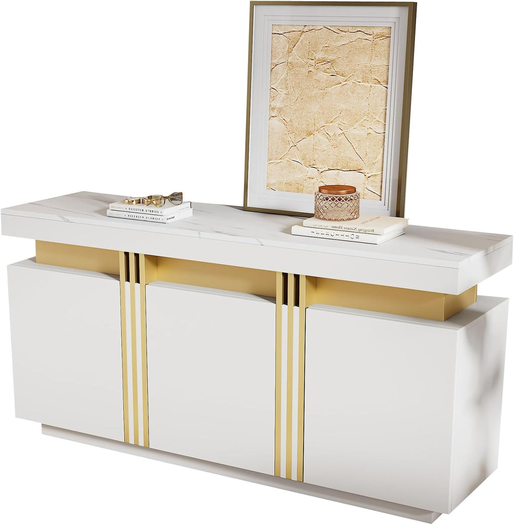 Merax Buffet - Armoire de cuisine avec 3 portes - Armoire de rangement moderne avec plan de travail - Étagère réglable - Armoire de salle à manger pour salon, salle à manger, couloir - Aspect marbre