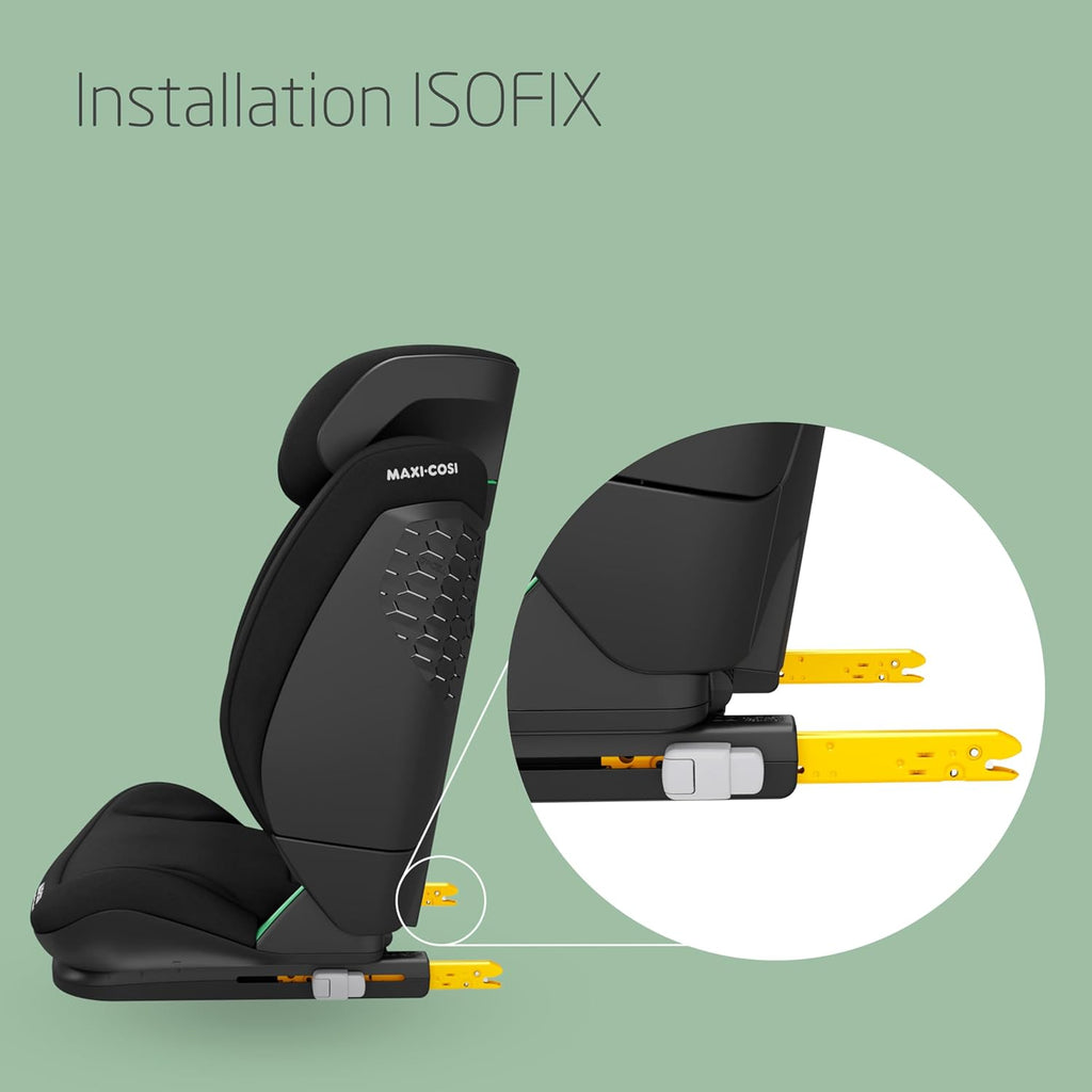 Maxi-Cosi RodiFix S Comfort i-Size, Tissus confortables respirants, Rehausseur voiture enfant à dossier haut, 3,5-12 ans (100-150 cm), 3 inclinaisons, Protection G-CELL, AirProtect, Authentic Black
