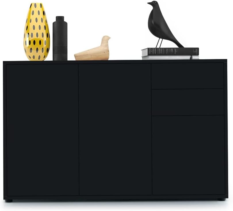 Vladon Buffet Ben V3, Commode avec 3 Portes et 2 tiroirs, Noir Mat/Noir Mat (117 x 74 x 36 cm)