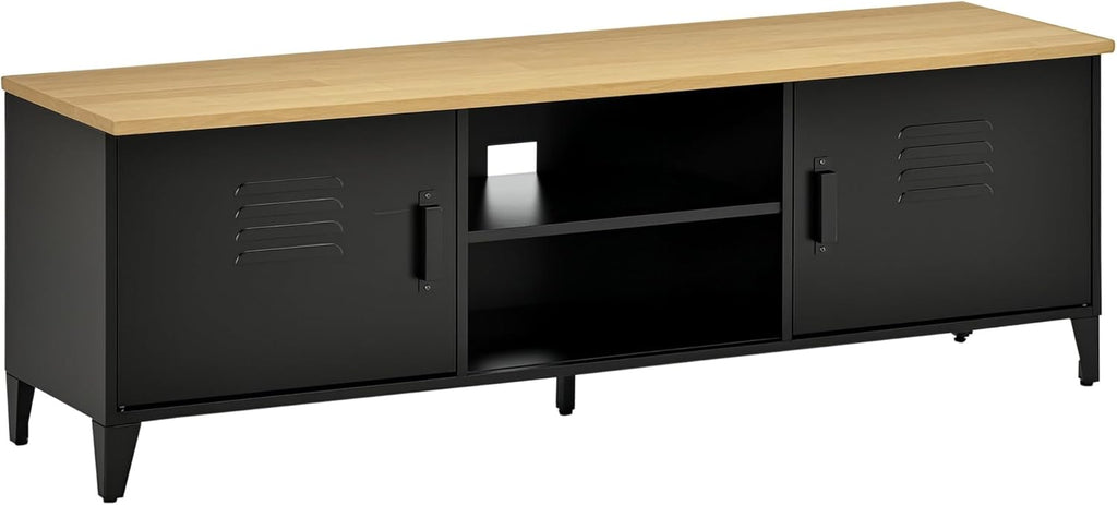 HOMCOM Meuble TV Banc TV pour téléviseurs de 55'' avec 2 Placards Pieds Réglables Cadre métalique Noir Plateau en Bois Naturel 150 x 40 x 50 cm