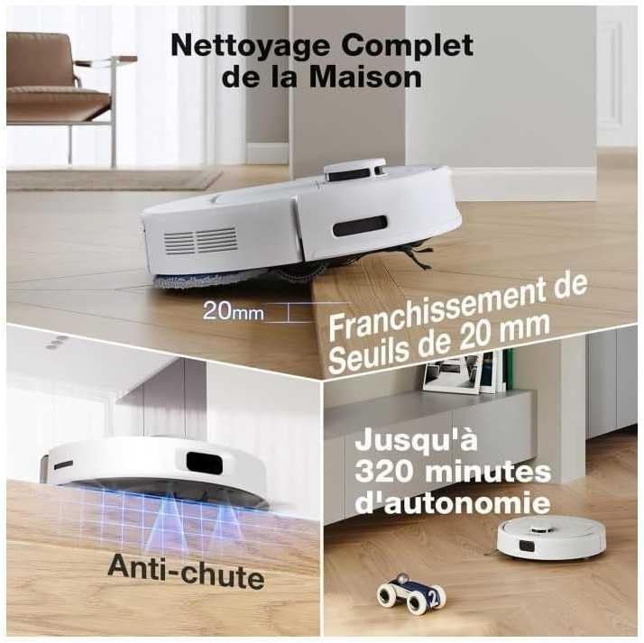 ECOVACS N30 PRO OMNI Aspirateur Robot avec Station OMNI tout-en-un, 10000Pa, Robot Aspirateur Laveur avec Brosse ZeroTangle 2.0, Nettoyage à l'eau chaude 60℃, Nettoyage Humide adaptatif TruEdge, Blanc
