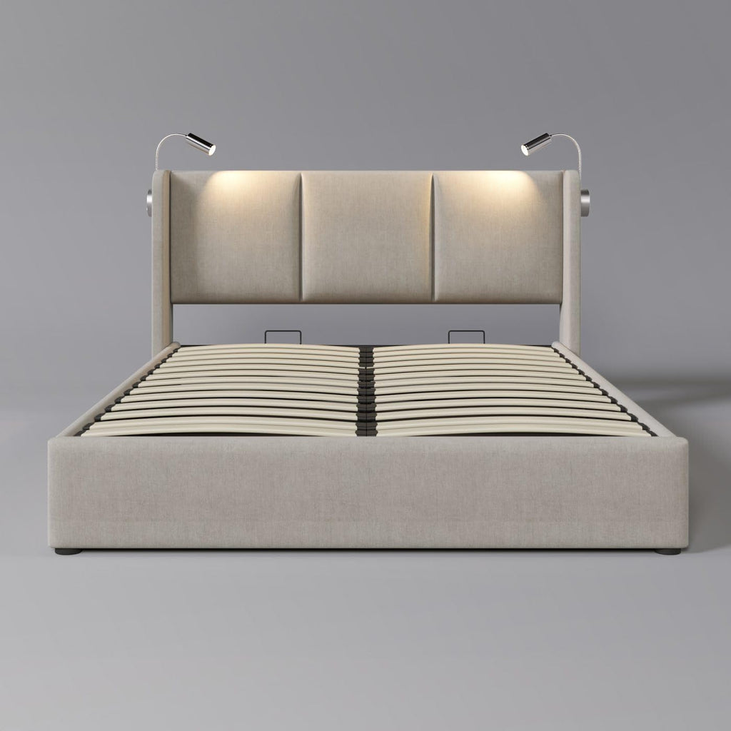 Sweiko Rembourré Cadre de Lit 140x200 cm avec éclairage LED sommier et Rangement à Lattes,USB Chargement, Linen sans Matelas