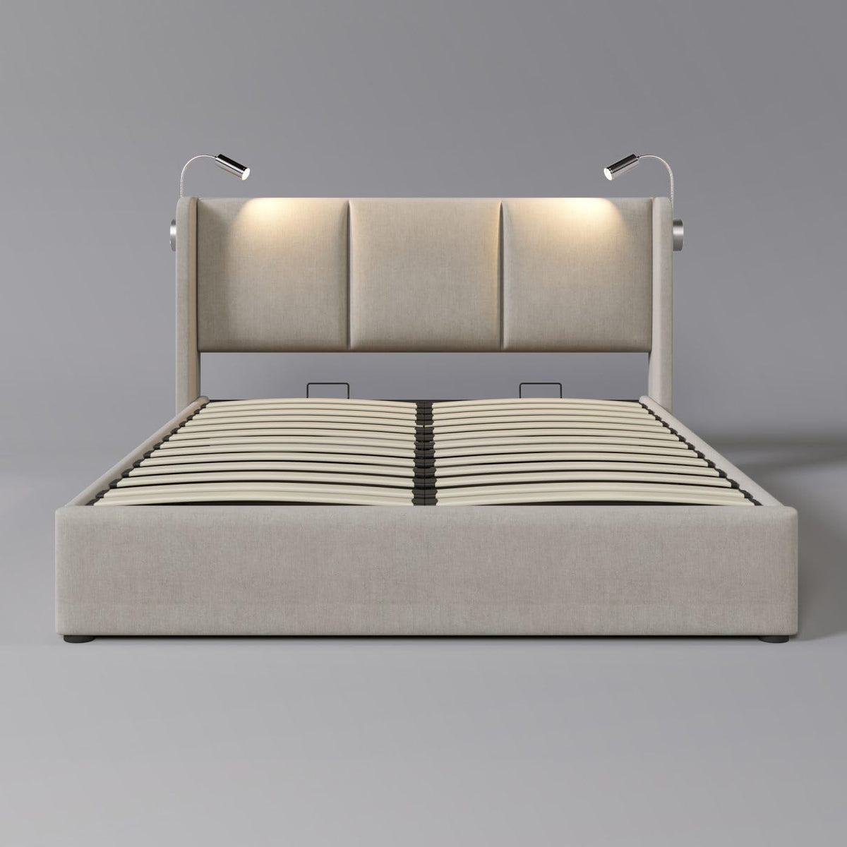 Sweiko Rembourré Cadre de Lit 140x200 cm avec éclairage LED sommier et Rangement à Lattes,USB Chargement, Linen sans Matelas