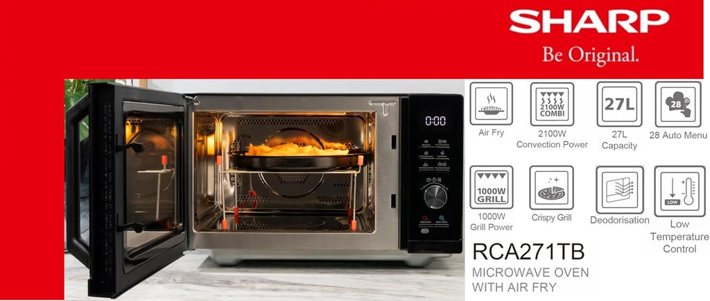 Sharp RCA271TB Micro-ondes Airfry 5 en 1 900 W, gril 1000 W, air chaud et fonction AirFry, convection 2100 W, 27 l, 28 autom.pr., poids et décongélation programmée, noir
