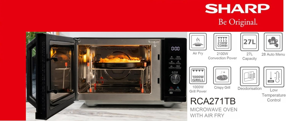 Sharp RCA271TB Micro-ondes Airfry 5 en 1 900 W, gril 1000 W, air chaud et fonction AirFry, convection 2100 W, 27 l, 28 autom.pr., poids et décongélation programmée, noir