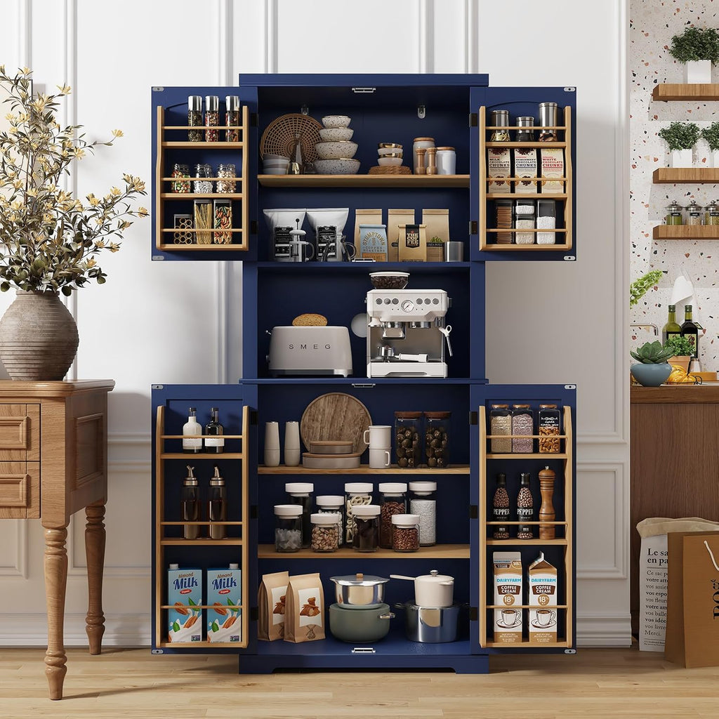 HOLTICO Armoire de cuisine avec plan de travail, armoire haute, buffet, garde-manger, garde-manger avec portes et étagères, pour salle à manger, buanderie, salon, bleu