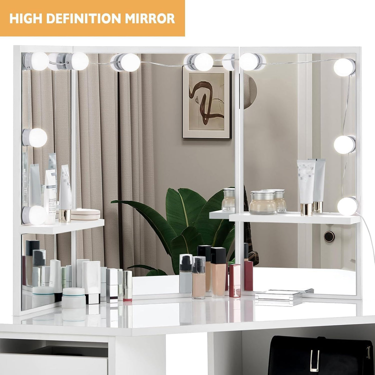 CLIPOP Coiffeuse avec Miroir LED à Luminosité Réglable et 5 Tiroirs Rangement Table de Maquillage Blanche Coiffeuse d'angle avec Tabouret Couffeuse en Bois 114 x 61 x 140 cm