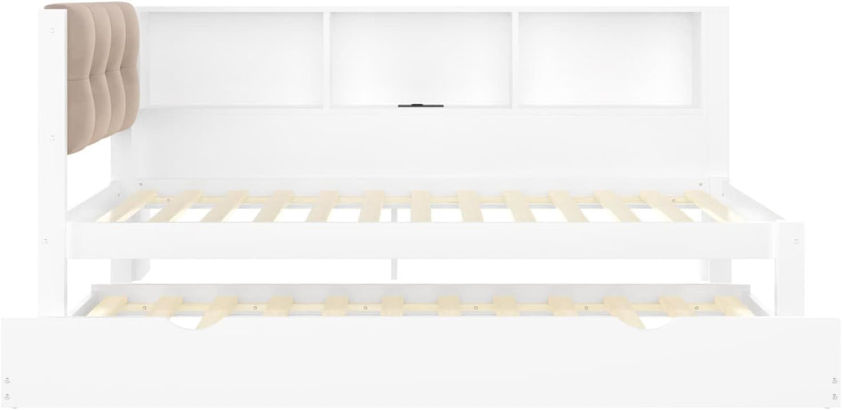 EURHCIO Canapé Lit 90x200,Cadre de Lit Une Place Rembourré avec Lit Gigogne 90x190,Port USB-C,Éclairage LED Réglable,Rangement,pour Adolescents Adultes 90x200