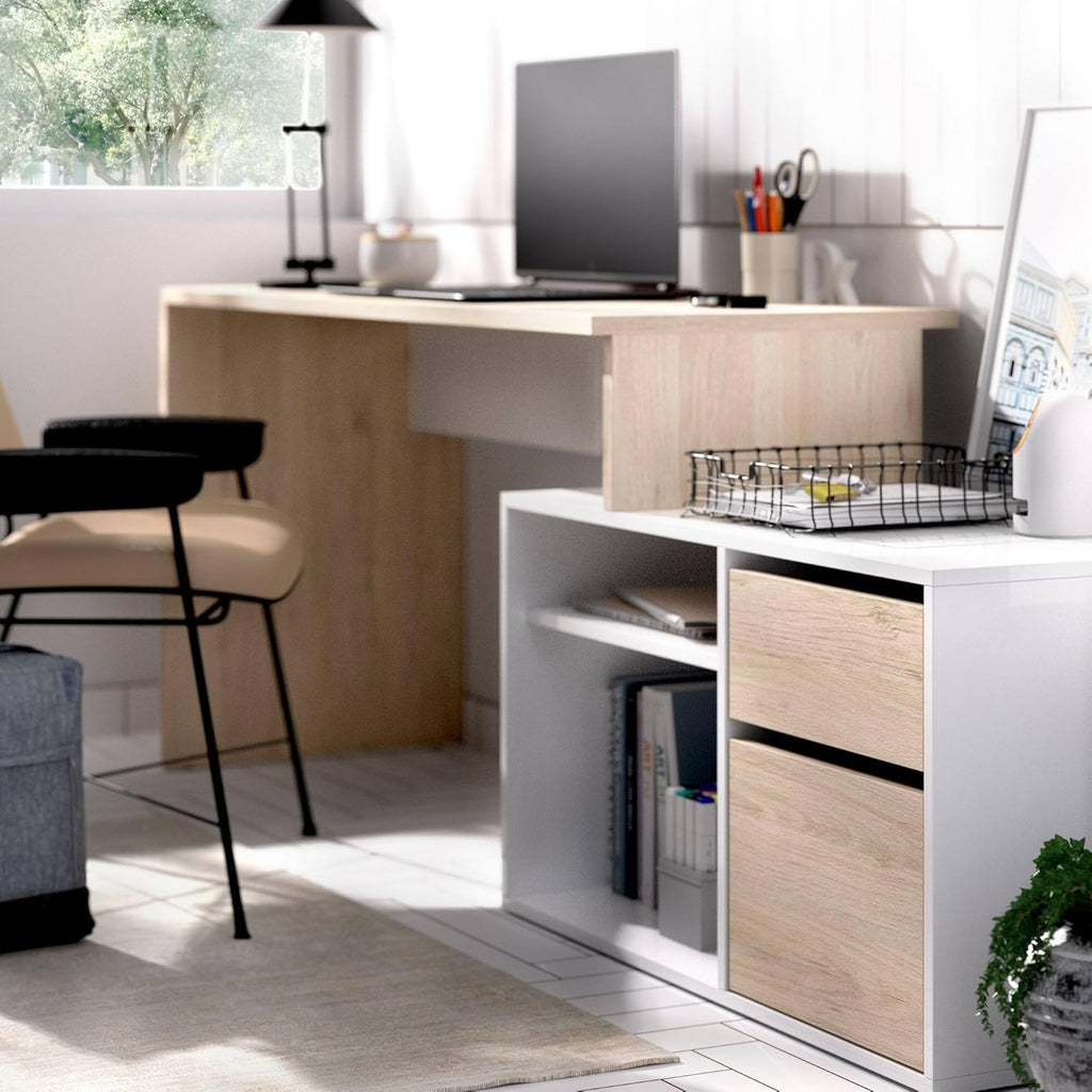 Dmora Scrivania Gardena, Positions pour Bureau ou Chambre d'enfant, Table d'étude d'angle Multi-usages, 139 x 92 x 75 cm, Bois, Chêne Blanc