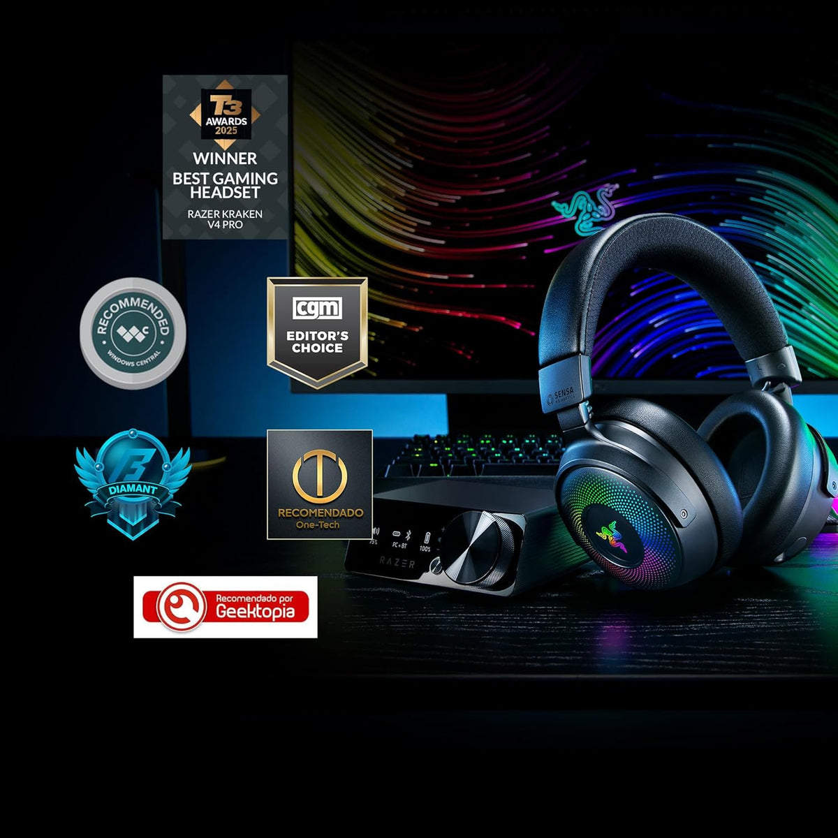 Razer Kraken V4 Pro - Casque de Jeu sans Fil avec hub de contrôle - Sensa HD haptics (hub de contrôle OLED, Triforce 40mm Drivers, HyperSpeed & Bluetooth, THX Spatial Audio, RGB) Noir