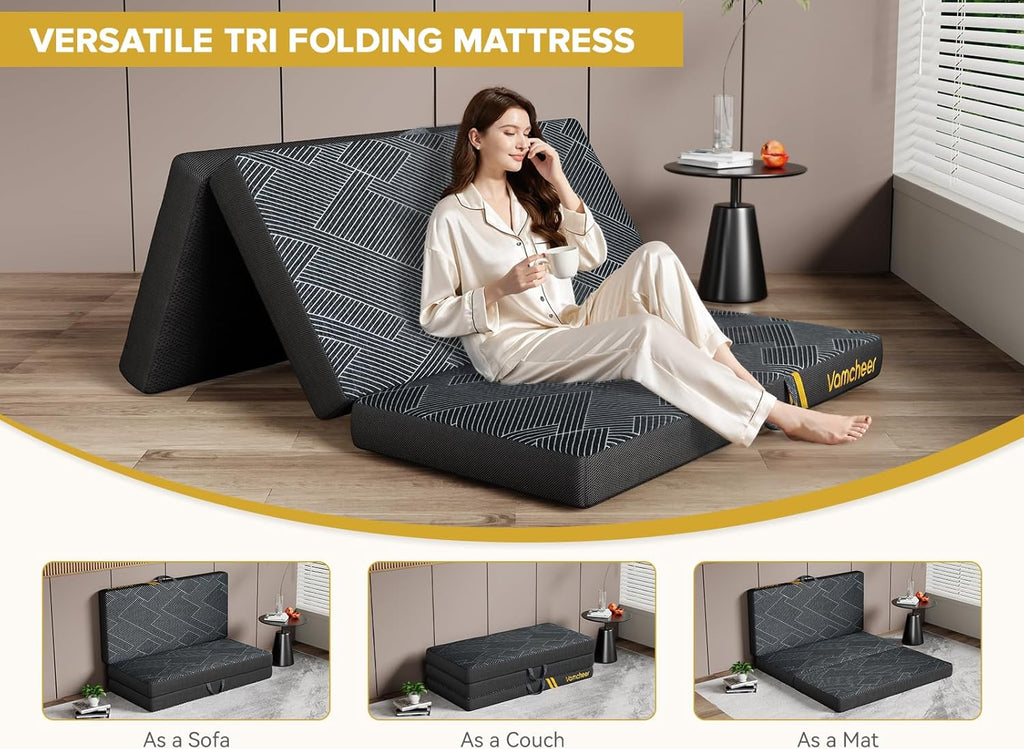Vamcheer Matelas Pliant Extra Épaisse - Matelas d'Appoint Pliable en 3 Parties 15cm, Matelas Pliable pour Adulte, Housse Amovible Lavable, Camping 120 x 195 x 15 Anthracite
