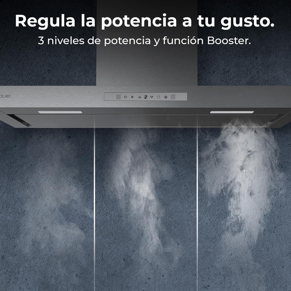 Cecotec Hotte aspirante Bolero Flux TT 908000. Hotte aspirante de 90 cm, inox, 800m3/h, moteur 210W, classe A++, écran tactile glass white, 3 niveaux, filtre charbon.