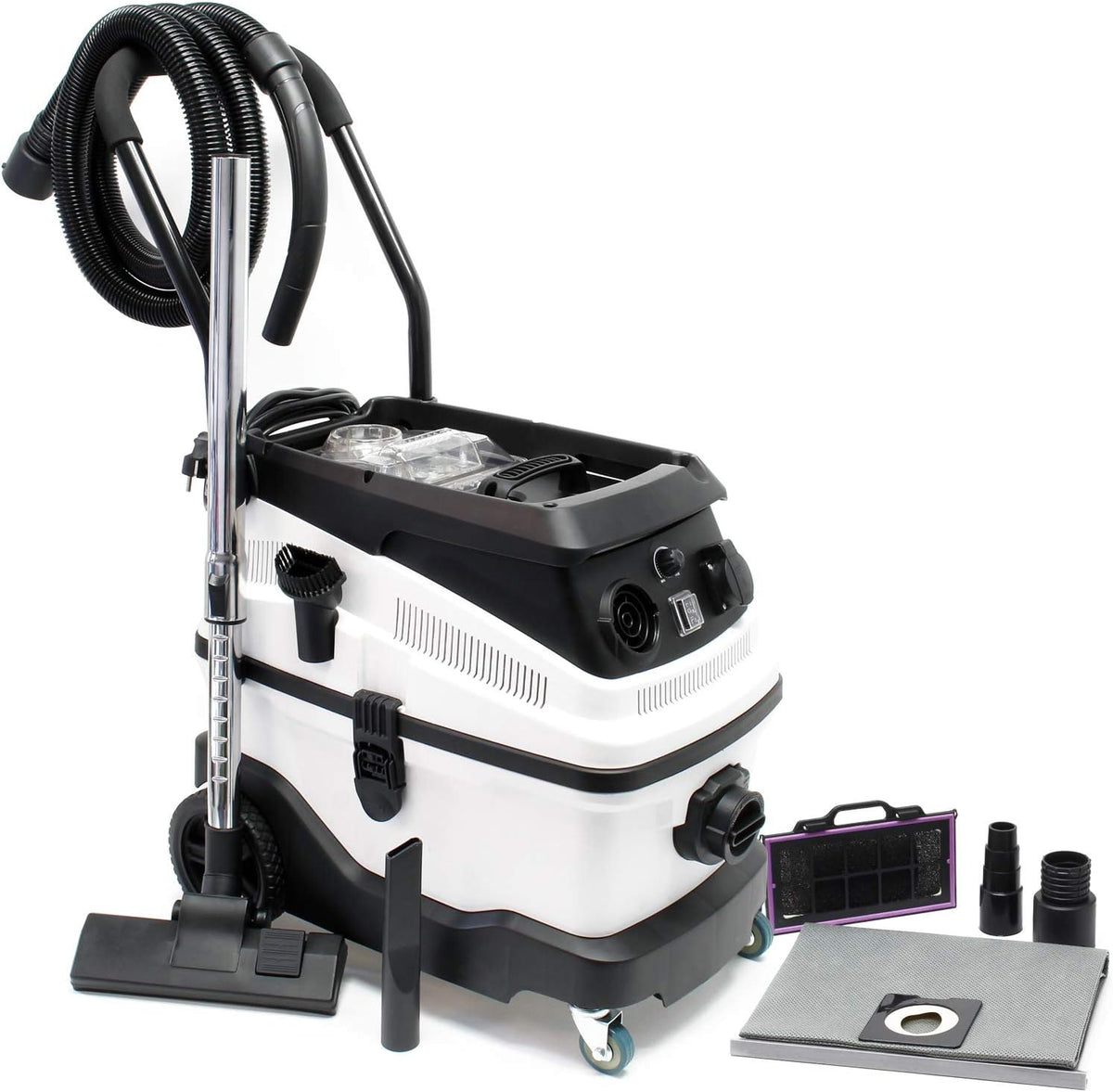WilTec Aspirateur Eau et poussière - 1600 W/capacité 30 L - Triple étape de Filtration & Fonction de soufflerie - avec Accessoires - pour Aspiration sèche et Humide