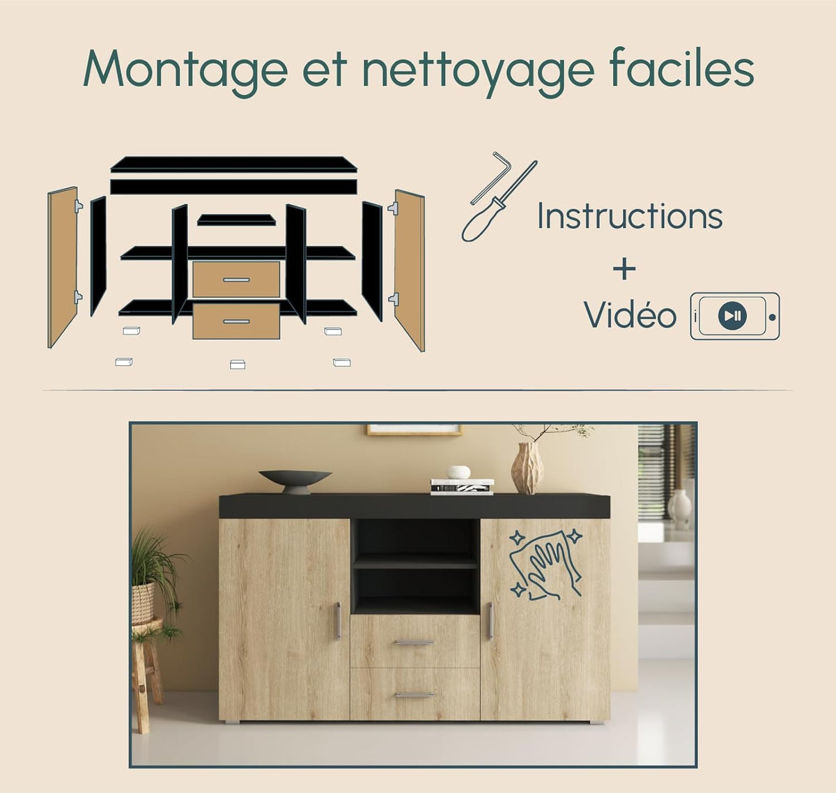 MB Muebles Bonitos, Buffet Roque pour Salon et Salle à Manger Moderne, Meuble TV en Mélamine, Couleur Noir Brillant et Sonoma Mat, 140x80x40 cm