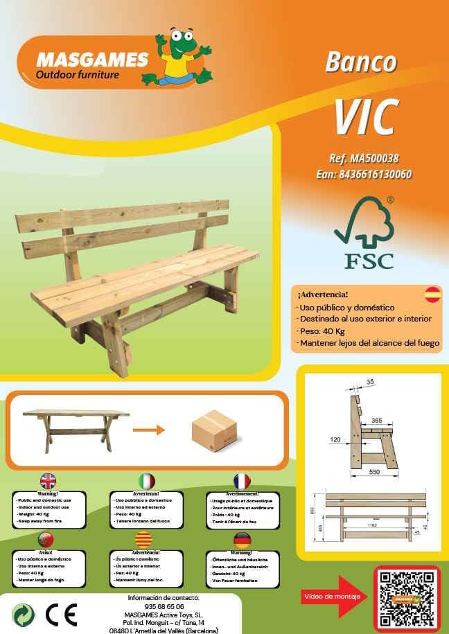 MASGAMES Banc avec dossier VIC Bois traité pour l'extérieur Autoclave Niveau IV 180 cm de long