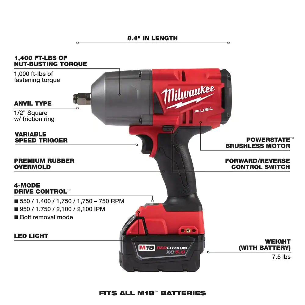 M18 FUEL 18V Lithium-Ion Brushless Cordless 1/2 in. Impact Wrench w/Friction Ring Kit w/One 5.0 Ah Battery and Bag
