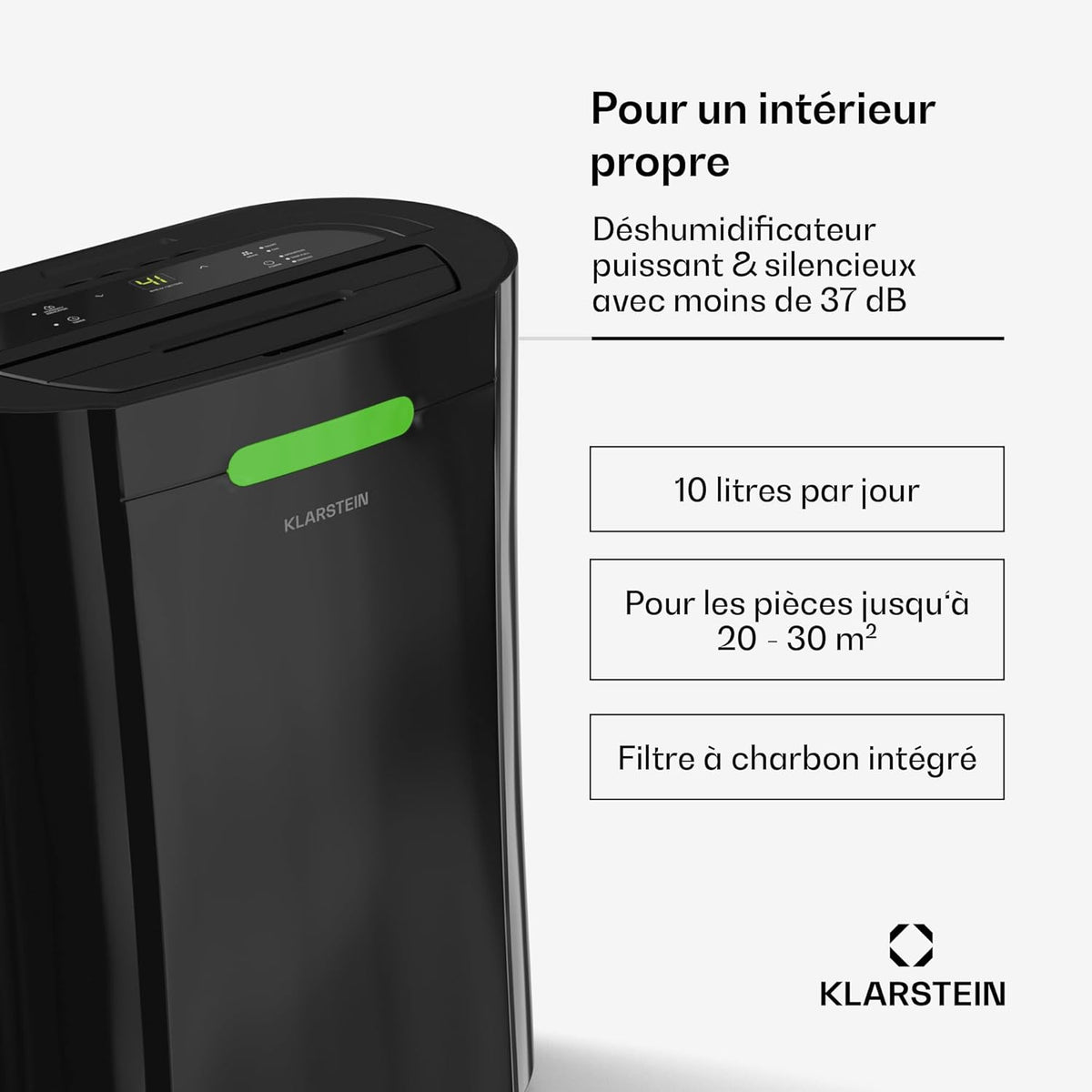 KLARSTEIN AeroDry 10l Déshumidificateur d'air - 165 W, 10 L/24 h, réservoir 2,5 L, Seulement 37 DB, Filtre à Charbon Actif, Fonction DrySelect, Noir