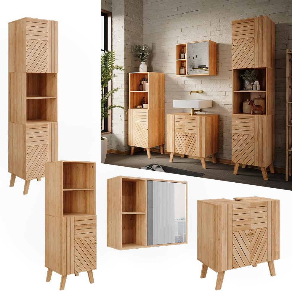 Vicco Ensemble de Meubles de Salle de Bains Lucie, Bambou, 4 pièces, avec Armoire de Milieu et Armoire Haute