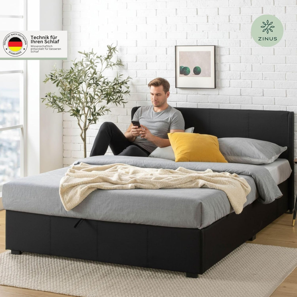 Zinus Maddon Lit 140 x 200 cm - Hauteur 31 cm avec Espace de Rangement sous Le lit - Cadre de lit rembourré avec Espace de Rangement - Noir