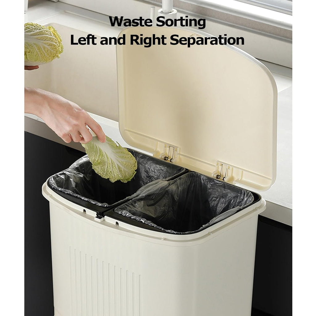 Poubelles de recyclage pour cuisine Double bac avec pédale, poubelle de 36 L pour séparation des déchets secs et humides avec seau intérieur, couvercle, système de tri vertical des déchets yellow 45L