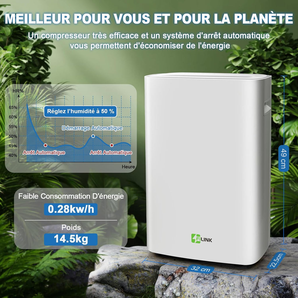 Deshumidificateur d Air, 25L/Jour Deshumidificateur Electrique Silencieux avec Capteur d'Humidité Automatique, Arrêt Auto et Dégivrage Auto, Déshumidificateur Idéal pour Maison, Bain, Chambre, Cave