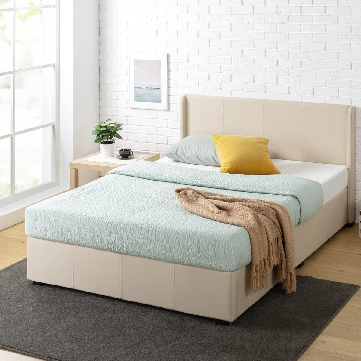 Zinus Maddon Lit Coffre 140x190 cm - Hauteur 31 cm - Système de Levage Hydraulique - Tête et Cadre de Lit Double en Bois tapissier - Beige
