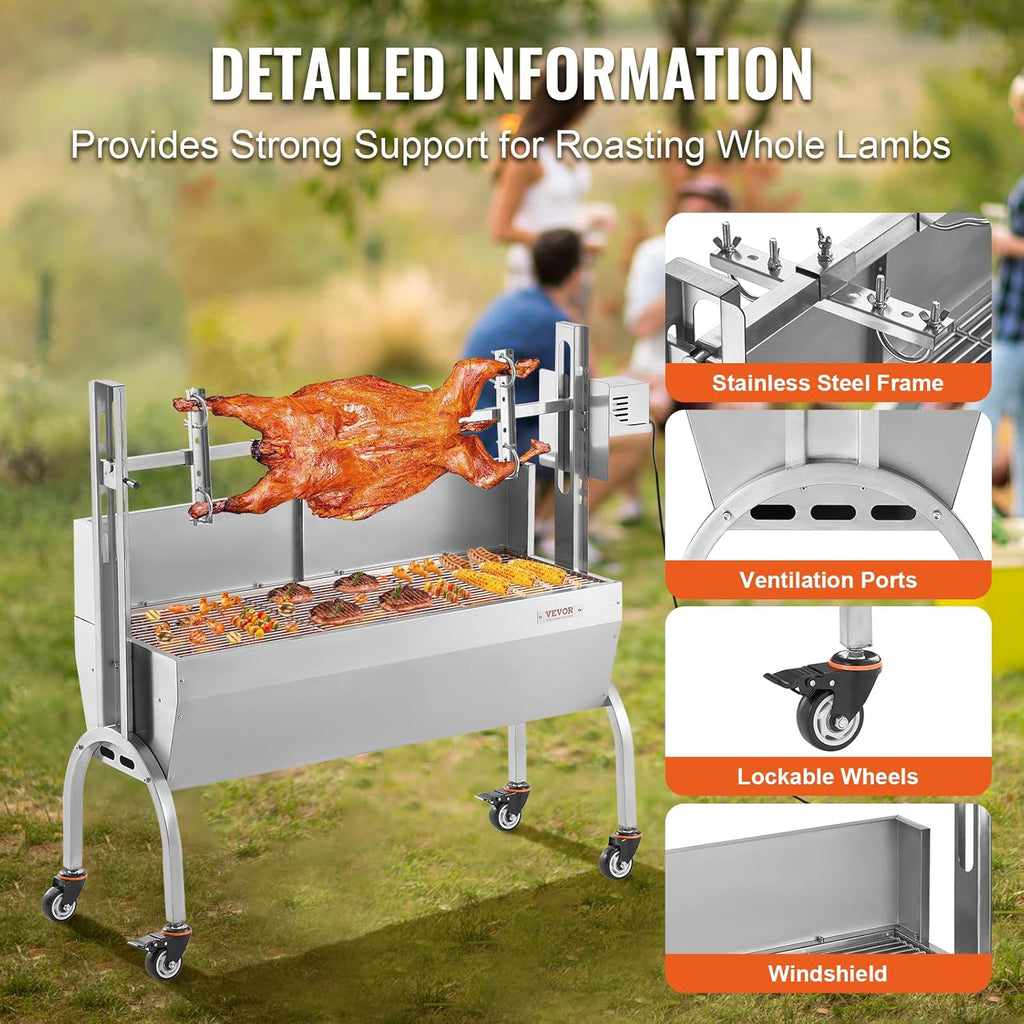 VEVOR Barbecue à Charbon avec Tournebroche Électrique 52 W Charge 90 kg, Rôtissoire Barbecue 118,5 cm, en Inox, avec Pare-Brise et Roues Verrouillables, pour Rôtir Agneau Porcelet Poulet Camping