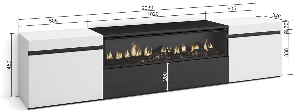 Skraut Home | Meuble TV | Banc Télé | Grand Espace de Rangement | 200x45x35cm | pour Les TV jusqu'à 80" | Cheminée électrique | Style Moderne | Blanc et Noir
