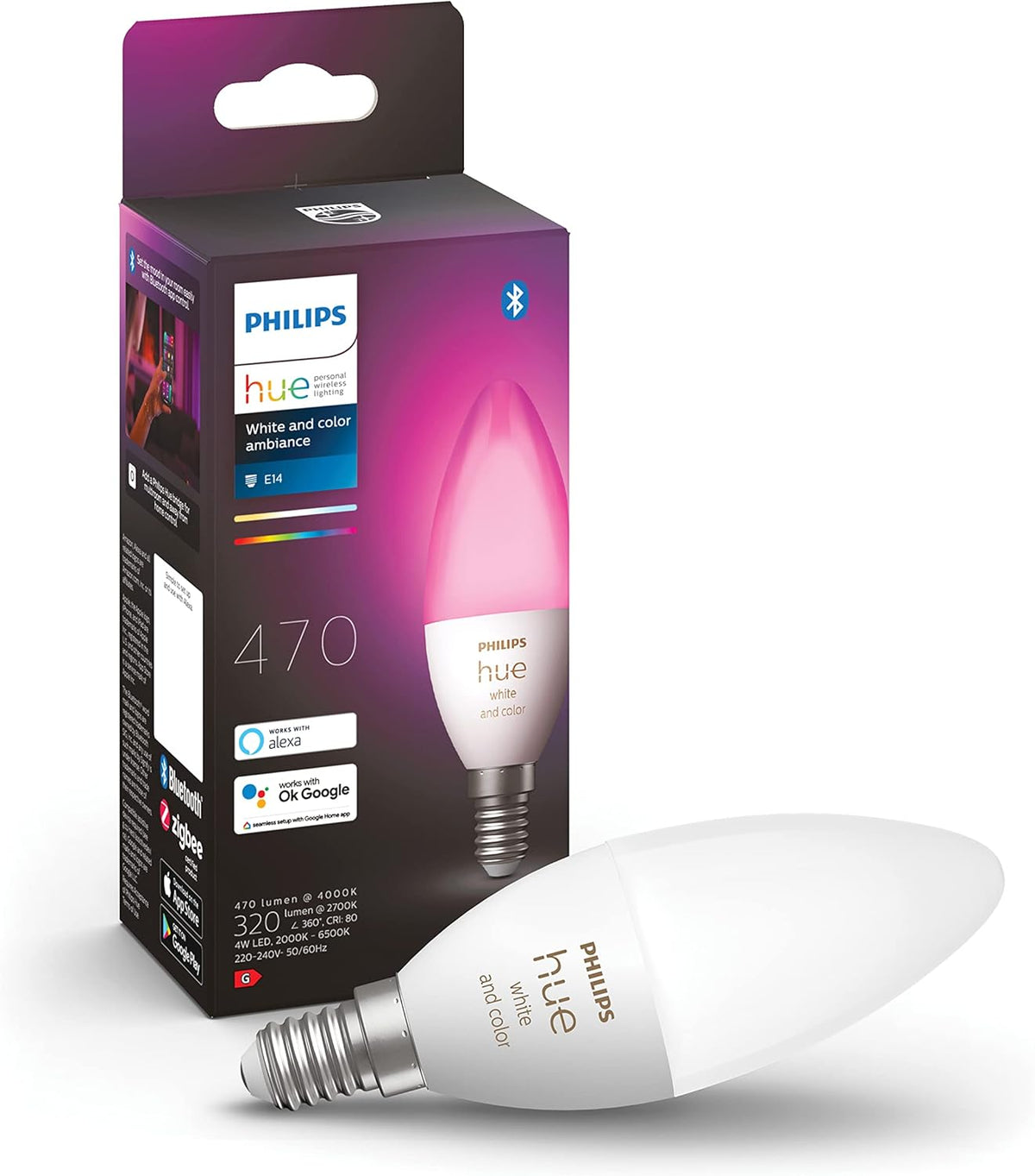 Hue Pack avantagé - E14 - avec 4 Ampoules Flamme - Lumière blanche et colorée - Comprend 1 Variateur de lumiere Hue - Hue White and Color Ambiance