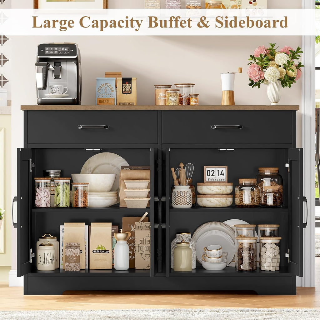 HOCSOK Buffet, 120 cm Meuble Cuisine, Buffet Salle a Manger avec 2 Tiroirs 4 Portes, Meuble de Rangement pour Salon, Cuisine, Couloir, Noir + Antique