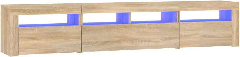 Mandloder Meuble TV avec lumières LED, chêne Sonoma, 220 cm de large, meuble multimédia pour salon, centre de divertissement avec espace de rangement