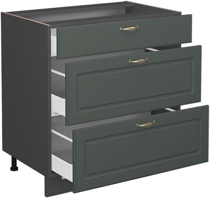 Vicco Meuble Cuisine Fame-Line, Vert Or Campagne/Anthracite, 80 cm avec 3 tiroirs, PT Chêne