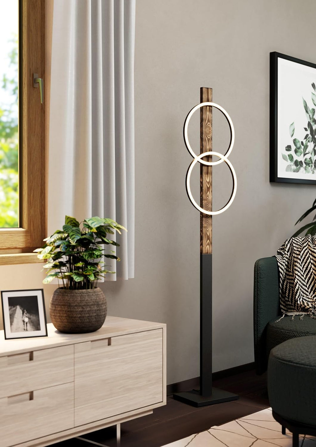 Eglo Lampadaire LED Boyal, luminaire intérieur à pied avec 2 cercles lumineux, lampe de salon rustique en bois flambé et métal noir, éclairage blanc chaud, 150 cm