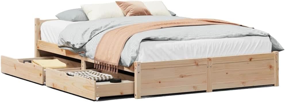 vidaXL Cadre de lit avec tiroirs 140x190 cm Bois de pin Massif, sommier, Cadre de lit Double, Cadre de lit en Bois Massif, Meuble de Chambre à Coucher