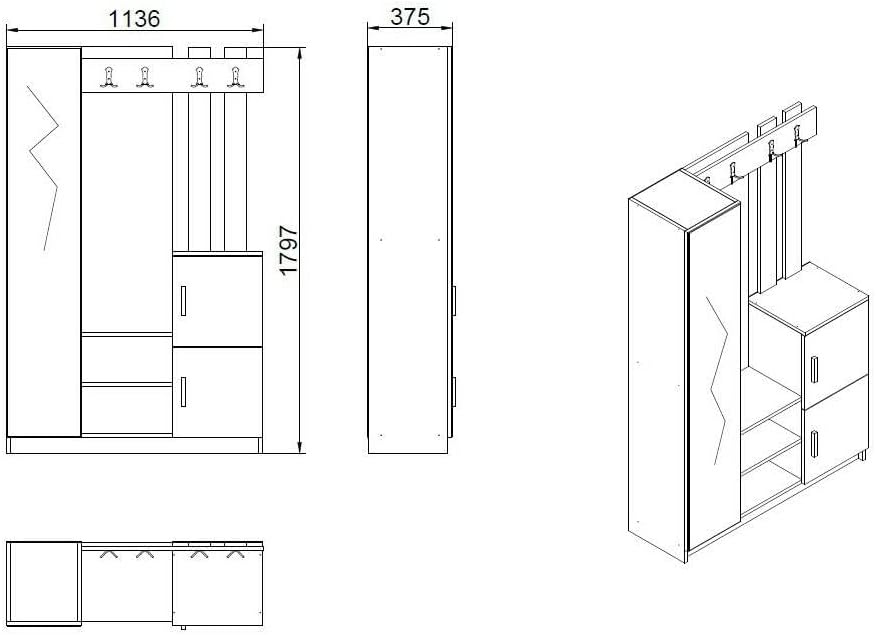 Dmora - Meuble d'entrée Australis, Crochet d'entrée, Composition pour l'atrium, Console de Rangement Multifonction, 114x38h180 cm, Chêne et Blanc