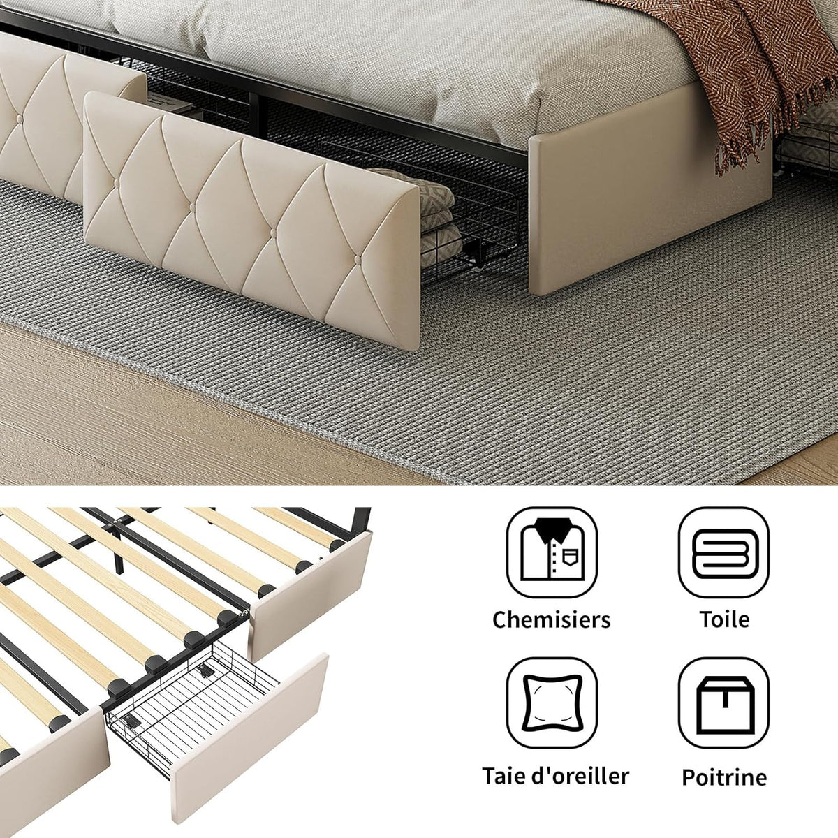 LONELYO Cadre de lit 160x200 avec sommier et Rangement - Lit Coffre capitonné PU avec LED et tiroirs, Design Moderne pour Chambre Adulte 160x200
