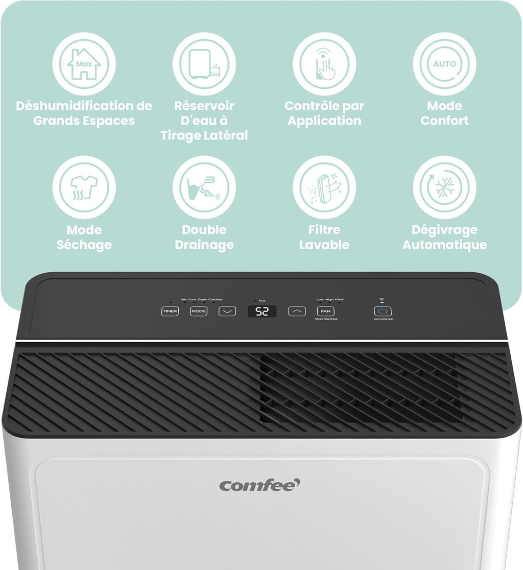 Déshumidificateur Puissant, Absorbe jusqu'à 30L/Jour, Sèche-linge, Mode confort, Réservoir 3L, Minuterie 24H, Idéal pour grandes pièces de 58-73㎡, Garage, Sous-sol