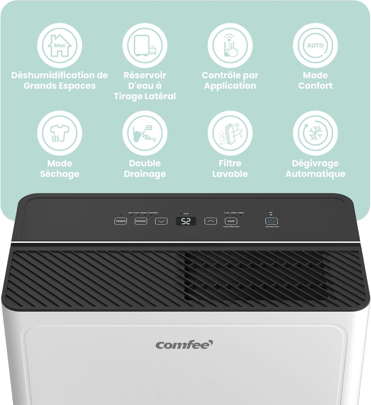 Déshumidificateur Puissant, Absorbe jusqu'à 30L/Jour, Sèche-linge, Mode confort, Réservoir 3L, Minuterie 24H, Idéal pour grandes pièces de 58-73㎡, Garage, Sous-sol