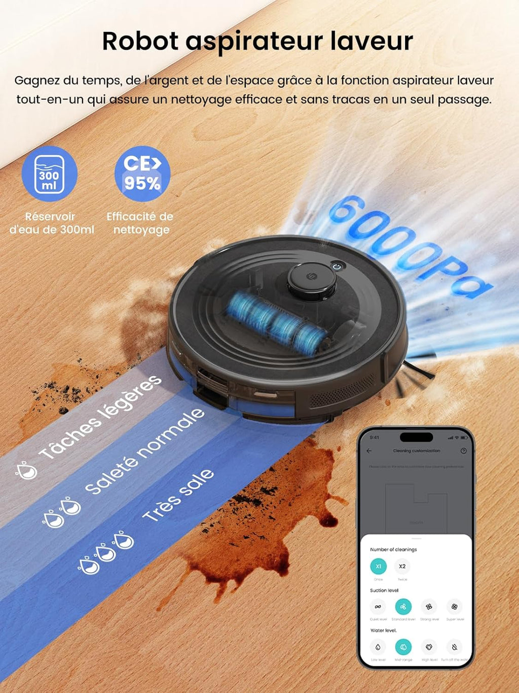 Lefant M2 Pro Robot Aspirateur Laveur 6000Pa avec Station Vidage Automatique Poussière,Navigation Laser avec Cartographie,Nettoyage Personnalisé, Évitement d'obstacles PSD, Idéal pour Poils d'animaux