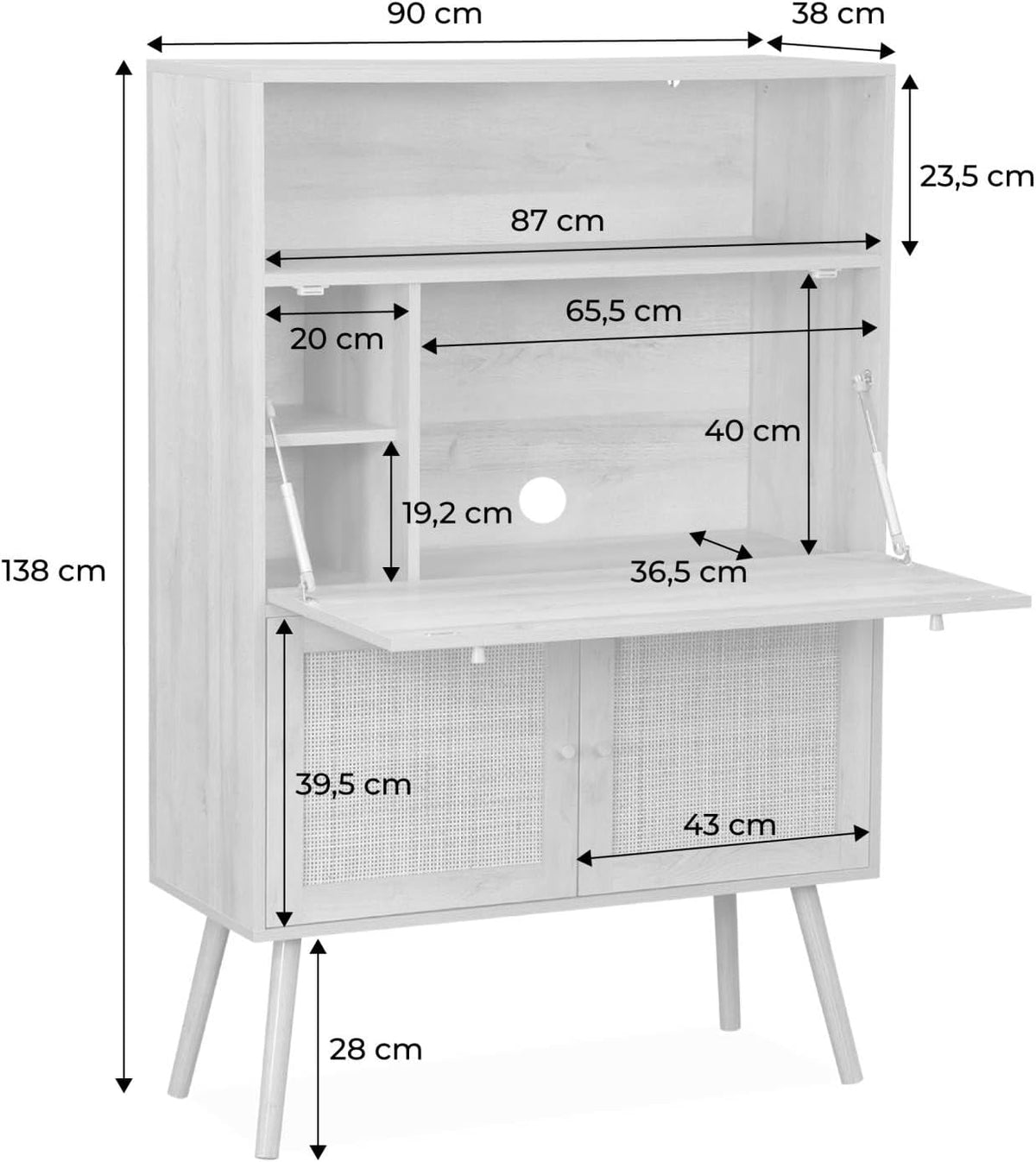 sweeek - Bureau secrétaire. 2 Portes en cannage. étagères. décor Bois. Pieds en Bois de Sapin