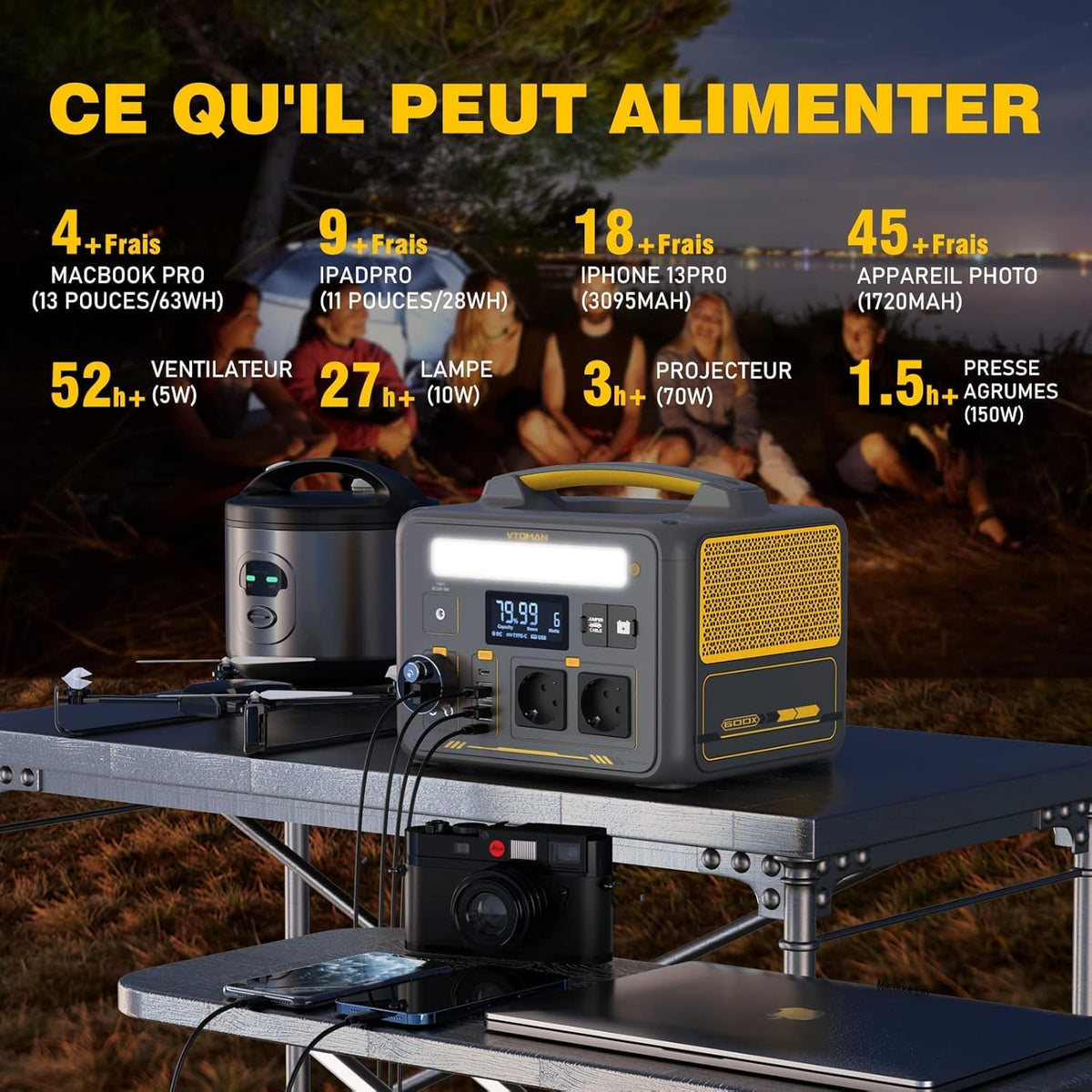 VTOMAN Jump 600X Station électrique Portable 600W - 299Wh Generateur Electrique Portable LiFePO4 Batterie Générateur, Dual PD 60W Typ-C Sortie, Capacité Extensible à 939Wh pour Camping Extérieur