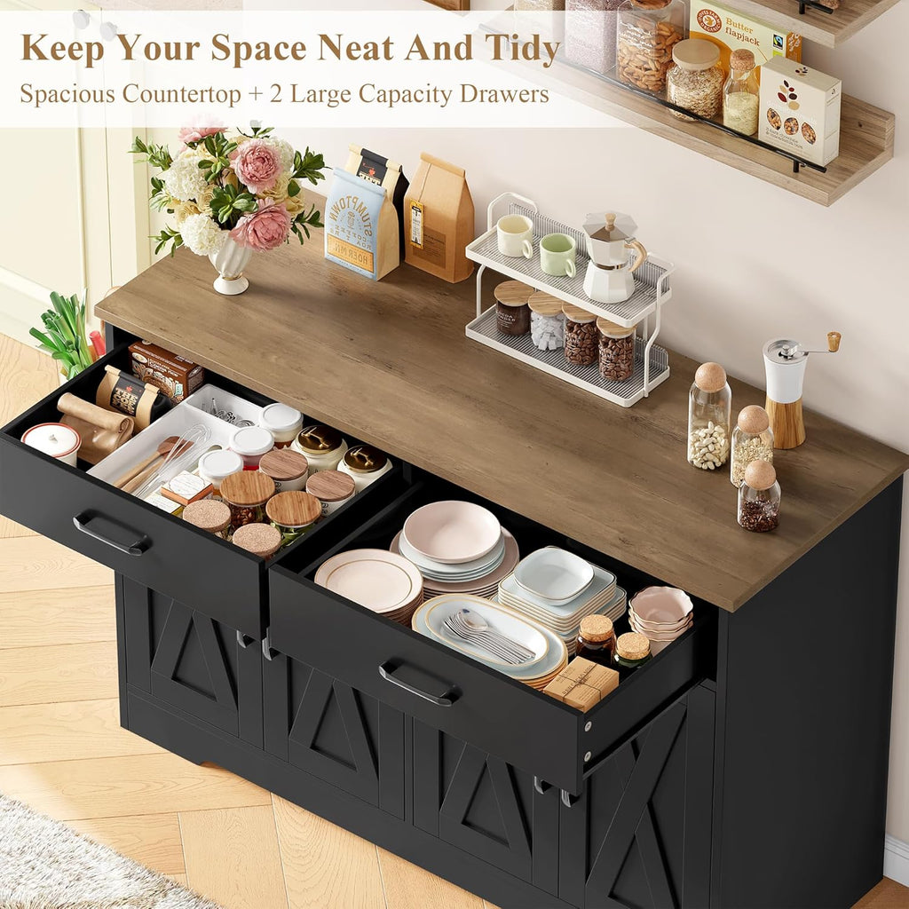 HOCSOK Buffet, 120 cm Meuble Cuisine, Buffet Salle a Manger avec 2 Tiroirs 4 Portes, Meuble de Rangement pour Salon, Cuisine, Couloir, Noir + Antique