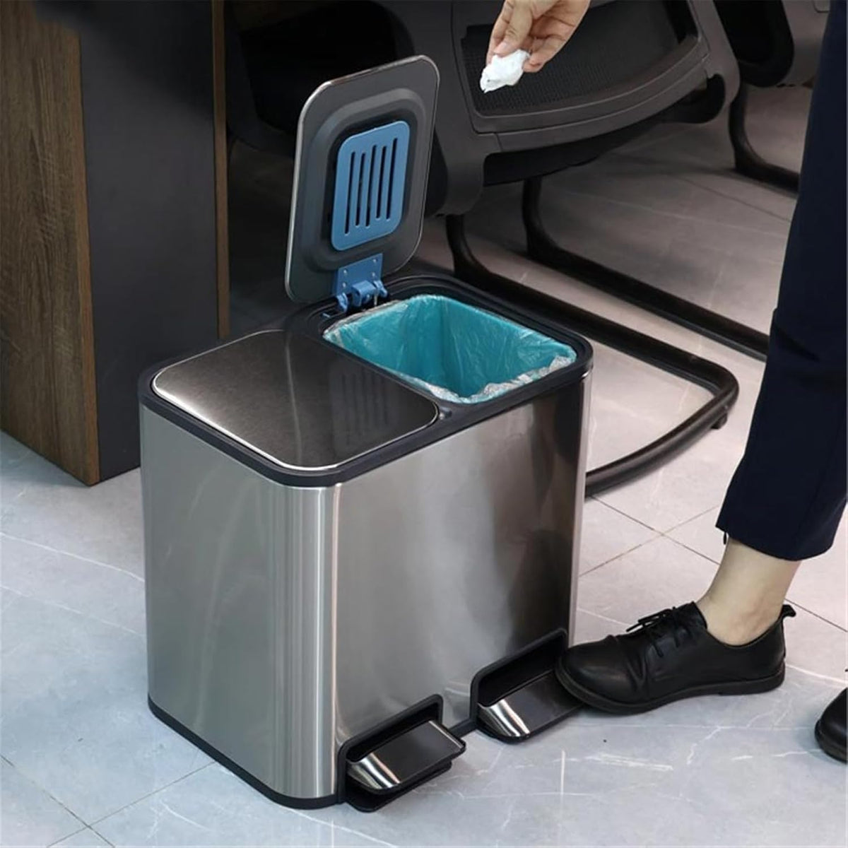 MENGLI-2024 Poubelle Poubelle de Cuisine à Double Compartiment avec bacs déchets ou Recyclage et Couvercle Fermeture Douce(Silver)